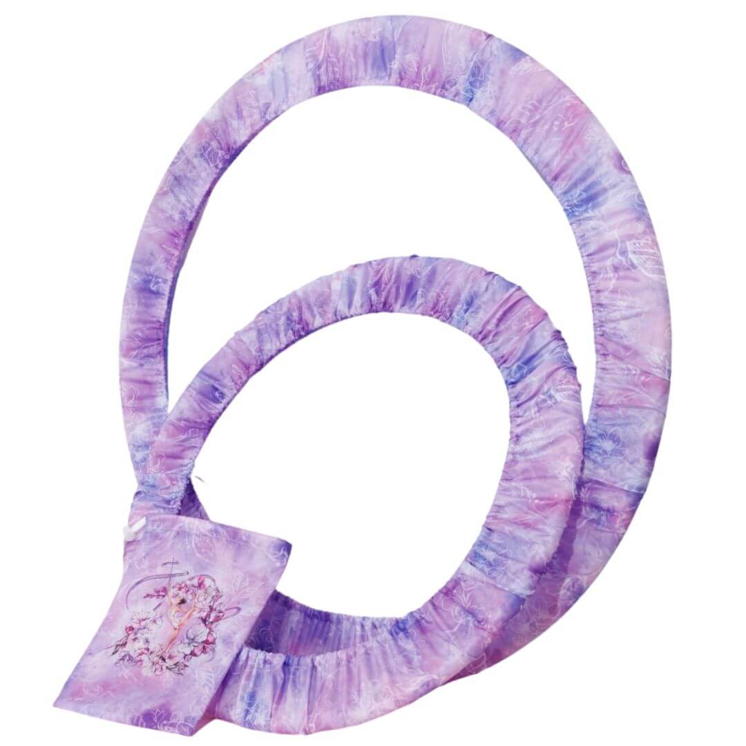 A purple hoop cover with a matching pouch, featuring a graphic design on the pouch.