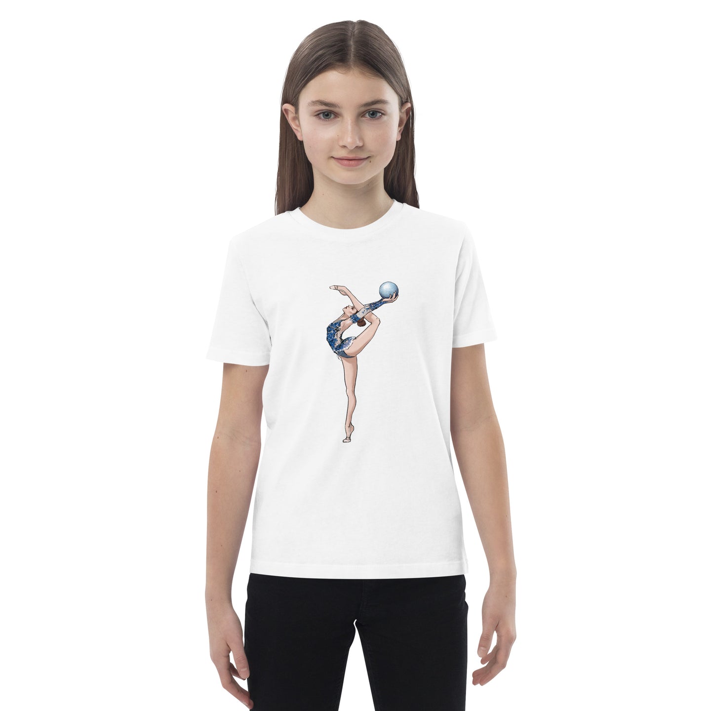 T-shirt enfant en coton bio, motif gymnaste avec ballon
