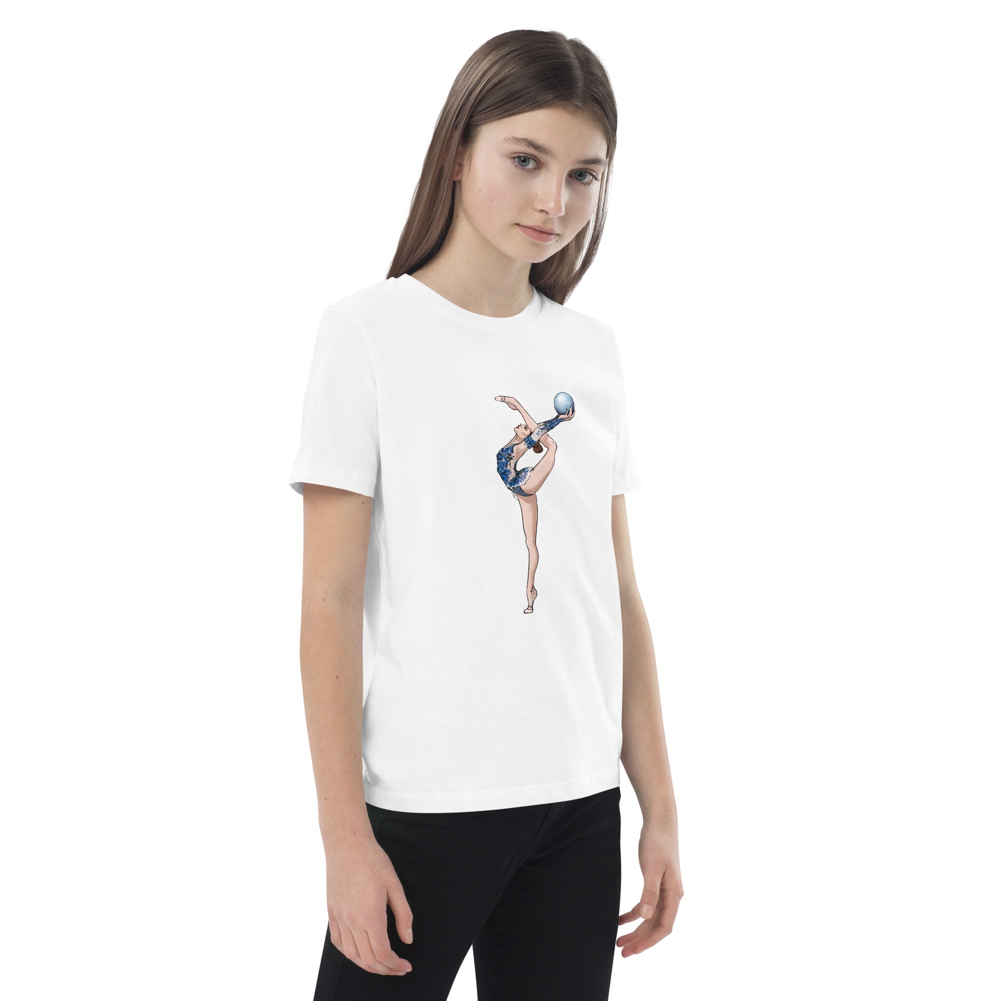 T-shirt enfant en coton bio, motif gymnaste avec ballon